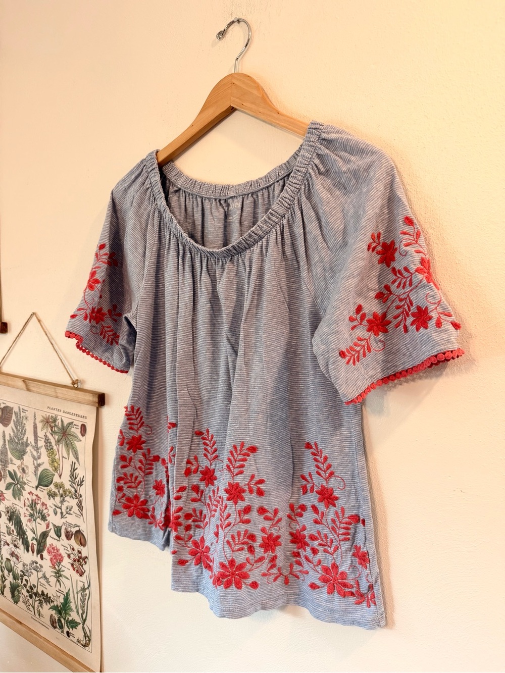 Talbots - Medium - Off the Shoulder Peasant Blouse with Red Floral Embroidery